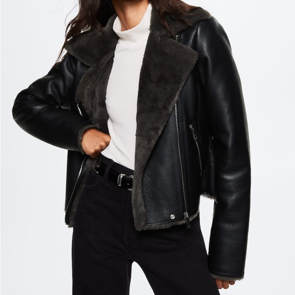 Mango Faux shearling-lined biker jacket